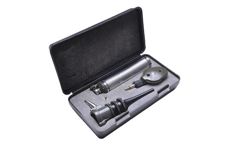 Otoscopes in the box. Otoscopes are also frequently used for examining patients' noses and upper throats.の写真素材