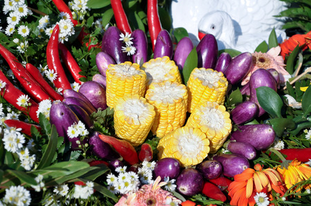 Baskets of fruits, vegetables and prepared for the party.の写真素材