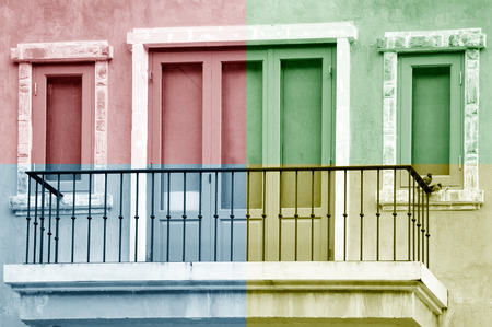 Pictures of doors and windows are decorated color in quadrant colors.の写真素材
