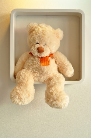 Teddy bear on shelves in the living roomの写真素材