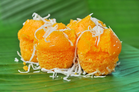 Toddy Palm Cake is a delicious cake of thai style. It was a beautiful yellow cake.の写真素材