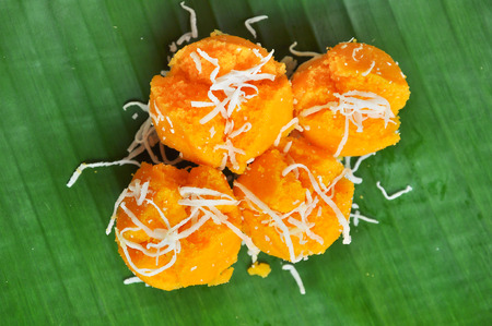 Toddy Palm Cake is a delicious cake of thai style. It was a beautiful yellow cake.の写真素材