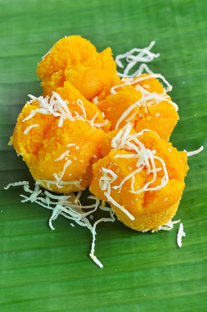 Toddy Palm Cake is a delicious cake of thai style. It was a beautiful yellow cake.の写真素材
