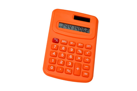 Orange calculator isolated on white backgroundの写真素材