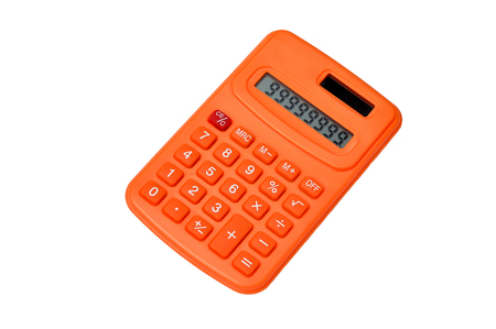Orange calculator isolated on white backgroundの写真素材