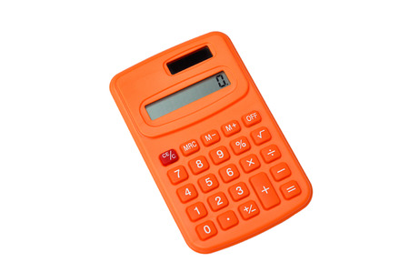 Orange calculator isolated on white backgroundの写真素材