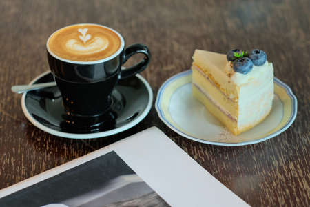 cappuccino and blueberry cheese cakeの写真素材