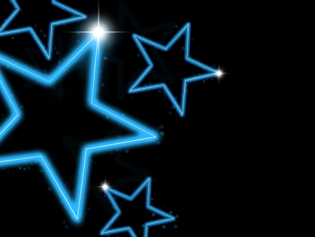 Glowing blue neon stars on black backgroundの写真素材