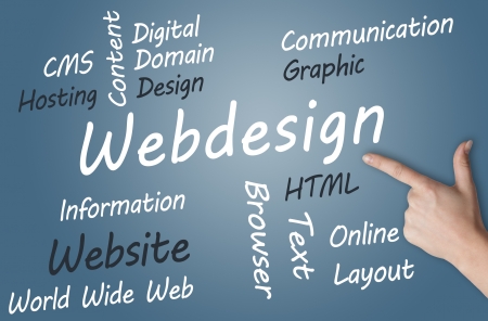 Webdesign wordcloud concept illustration on blue-grey background Webdesign wordcloud concept illustration on blue-grey background