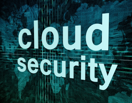 Cloud computing technology, networking concept: words cloud security on digital world map screen.の写真素材