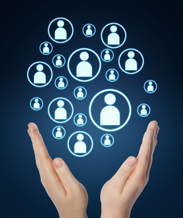 Social media concept: hands holding social network iconsの写真素材