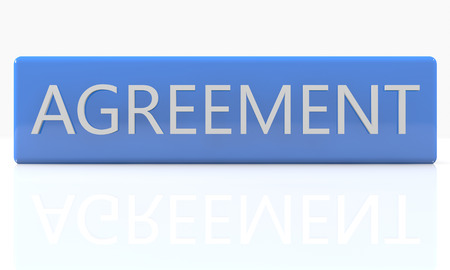 3d render blue box with Agreement on it on white background with reflectionの写真素材
