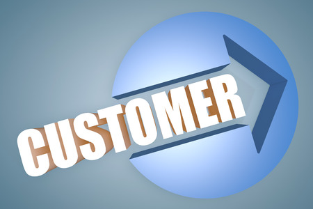 Customer - text 3d render illustration concept with a arrow in a circle on blue-grey backgroundの写真素材