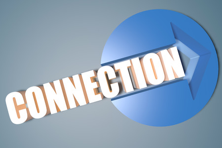 Connection - 3d text render illustration concept with a arrow in a circle on blue-grey background