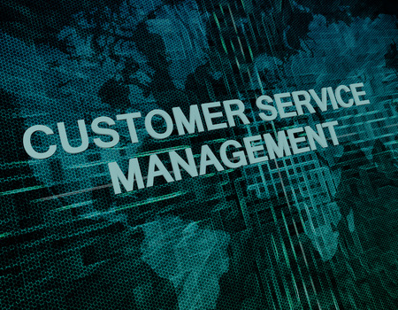Customer Service Management text concept on green digital world map background の写真素材