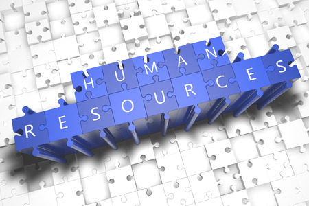 Human Resources - puzzle 3d render illustration with block letters on blue jigsaw pieces