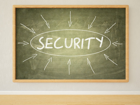 Security - 3d render illustration of text on green blackboard in a room.の写真素材