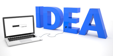 Idea - laptop computer connected to a word on white background. 3d render illustration.の写真素材