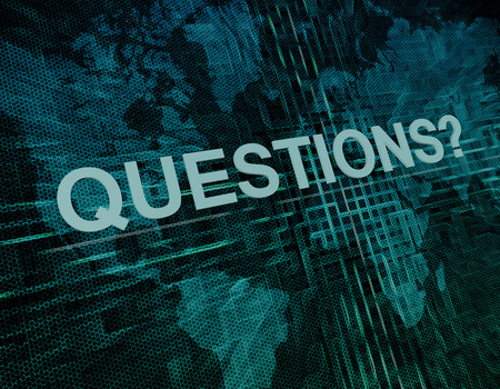 Questions text concept on green digital world map backgroundの写真素材