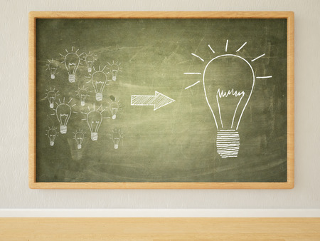 Idea - 3d render illustration of lightbulbs  on green blackboard in a room.の写真素材