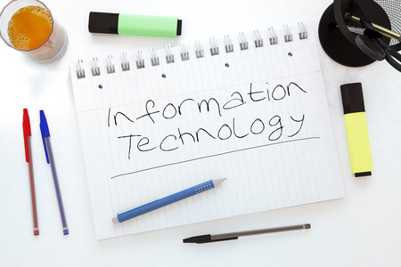 Information Technology - handwritten text in a notebook on a desk - 3d render illustration.の写真素材