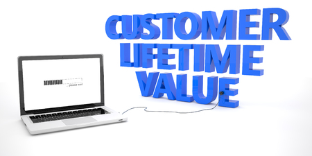 Customer Lifetime Value - laptop notebook computer connected to a word on white background. 3d render illustration.の写真素材
