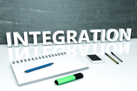 Integration - text concept with chalkboard, notebook, pens and mobile phone. 3D render illustration.の写真素材