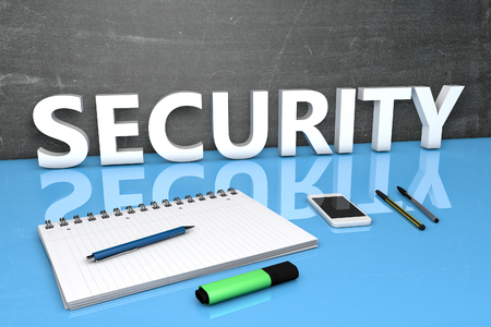 Security - text concept with chalkboard, notebook, pens and mobile phone. 3D render illustration.の写真素材