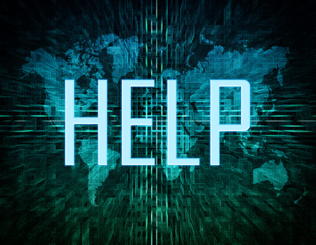 Help - text concept on green digital world map background.の写真素材