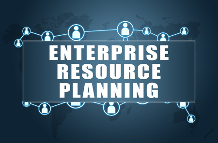 Enterprise Resource Planning - text concept on blue background with world map and social icons.の写真素材