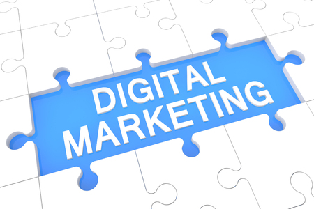 Digital Marketing - puzzle 3d render illustration with word on blue backgroundの写真素材