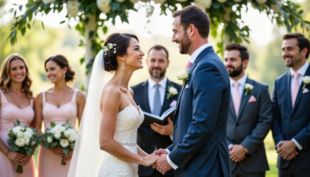 A bride and groom smiling at each other during their wedding ceremony, surrounded by bridesmaids and groomsmen. - Generic AI Imageの素材