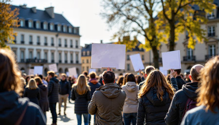 A crowd of people protesting in a public square with signs - Generic AI Imageの素材