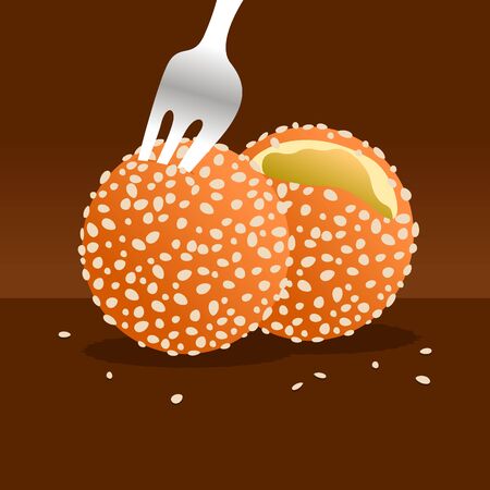 Chinese sesame ball food with a fork illustration.の写真素材