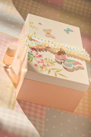 Box with jewelry in pastel tone and sunlightsの写真素材