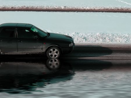 Flood. European car in waterの写真素材