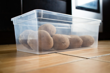 Raw potatoes in a plastic container on a kitchen floor.の写真素材