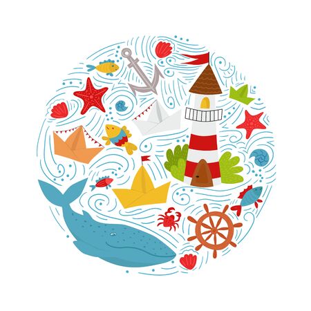 Vector illustration, round marine compositionのイラスト素材