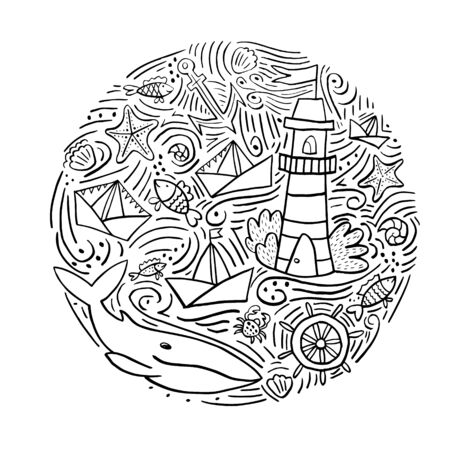 Hand drawn vector illustration for prints and other designs. Round composition with nautical elements and sea animalsのイラスト素材