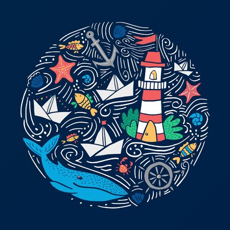 Colorful hand drawn vector illustration for prints, bags, t-shirts, cards and other designs. Round composition with nautical elements, light house and sea animalsのイラスト素材