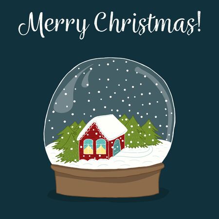 Cute hand drawn snow globe with house inside. Merry Christmas congratulation. Christmas gift with falling snow. Vector illustration for cards, banners, posters, prints, invitations and other designsのイラスト素材