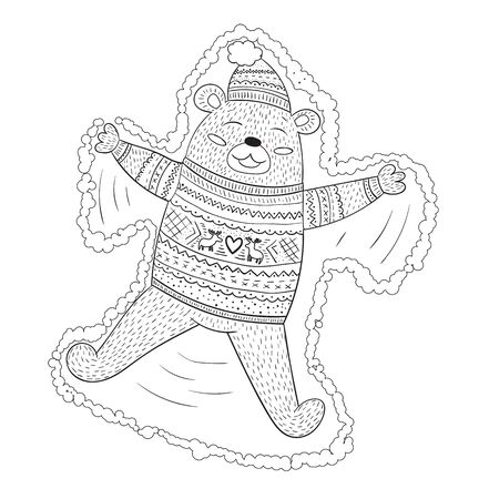 Coloring page adorable brown bear making snow angel in cute sweater with ornament. Vector illustration for books, coloring books and children craftsのイラスト素材