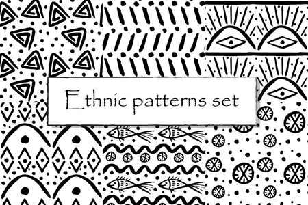 Set of black and white ethnic pattern. Creative hand drawn patterns gor fabrics, pillows, backgrounds, fashion design. Editable patternsのイラスト素材