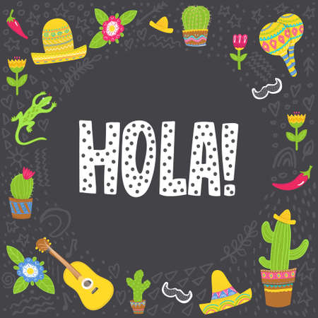 Colorful lettering composition, word Hola upon black background. Cute Spanish and Mexican elements. Flat design for cards, posters, banners, prints and other designsのイラスト素材