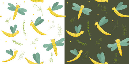 Cute vector seamless pattern with dragonflirs. Hand drawn ornament for fabrics, linen, wrapping paper and other surface designs. Tender colors and cute elements for your designのイラスト素材