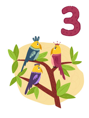Counting from 1 to 10. Number 3, page with colorful illustration. Birds sitting on brunches. Preschool activity for kids. Illustration for books, posters, cardsのイラスト素材