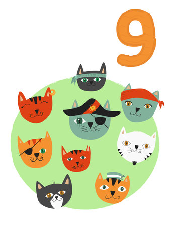 Counting from 1 to 10. Number 9, page with colorful illustration. Pirate cats. Composition for books, cards, postersのイラスト素材