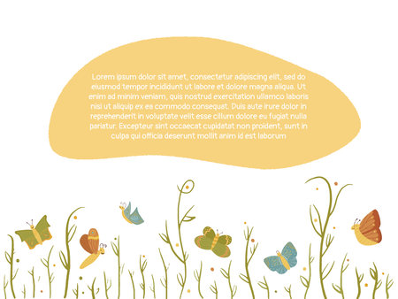 Cute vector template with butterflies flyinng around flowers. Colorful stylish frame with place for text for cards, banners, invitations, advertisement, commercial and quotesのイラスト素材
