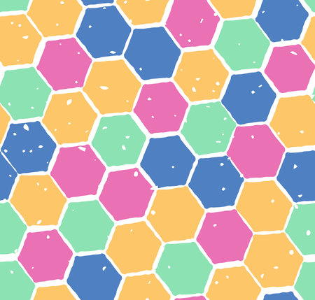 Vector seamless pattern, grid of hexagons with texture. Colorful violet, blue, yellow. Geometric pattern for packaging, backgrouns. fabrics, textiles and scrapbookingのイラスト素材