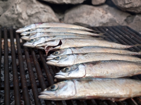 Image shows a mackarel fish on grillの写真素材
